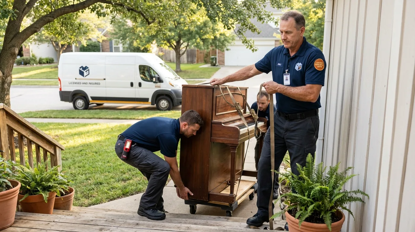 Licensed piano movers securing grand piano in Herkimer, NY
