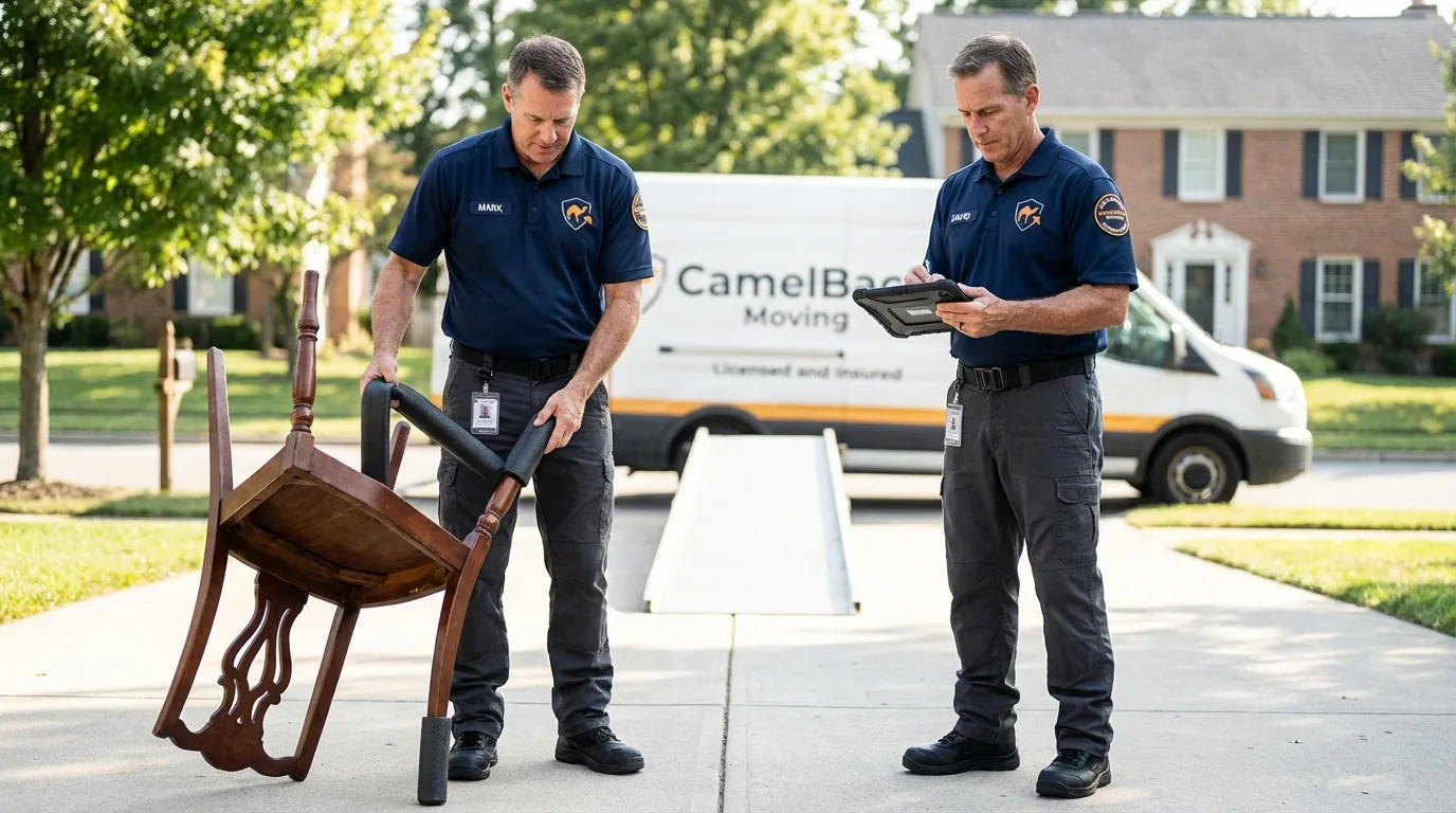 Movers inspecting furniture for damage prevention before loading in Herkimer, NY